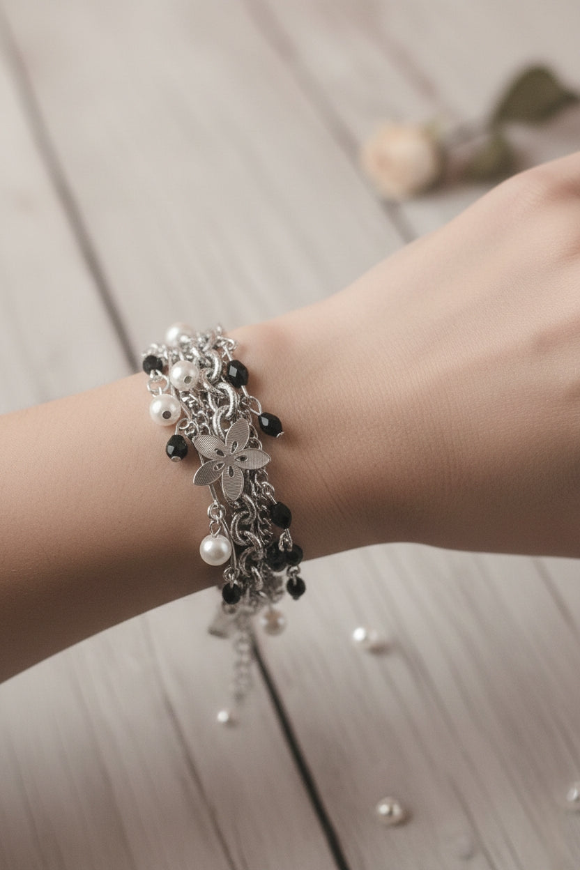 Layered  Bracelet with Pearl & Black Beads 🖤