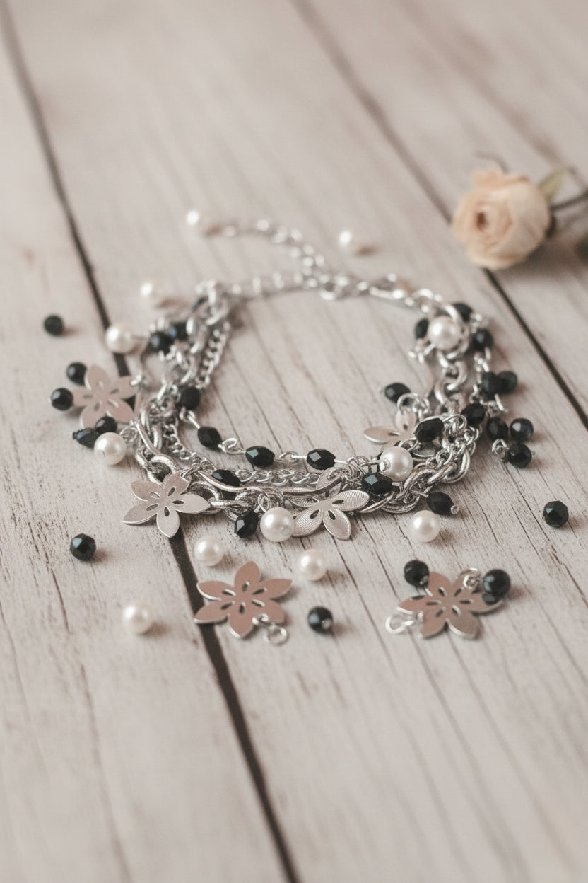 Layered  Bracelet with Pearl & Black Beads 🖤