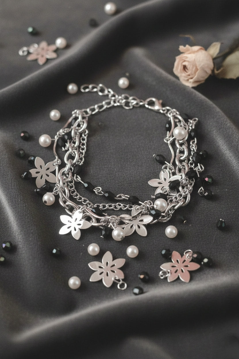 Layered  Bracelet with Pearl & Black Beads 🖤