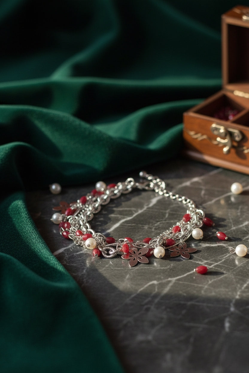 Layered  Bracelet with Red Beads & Pearls ❤️🤍
