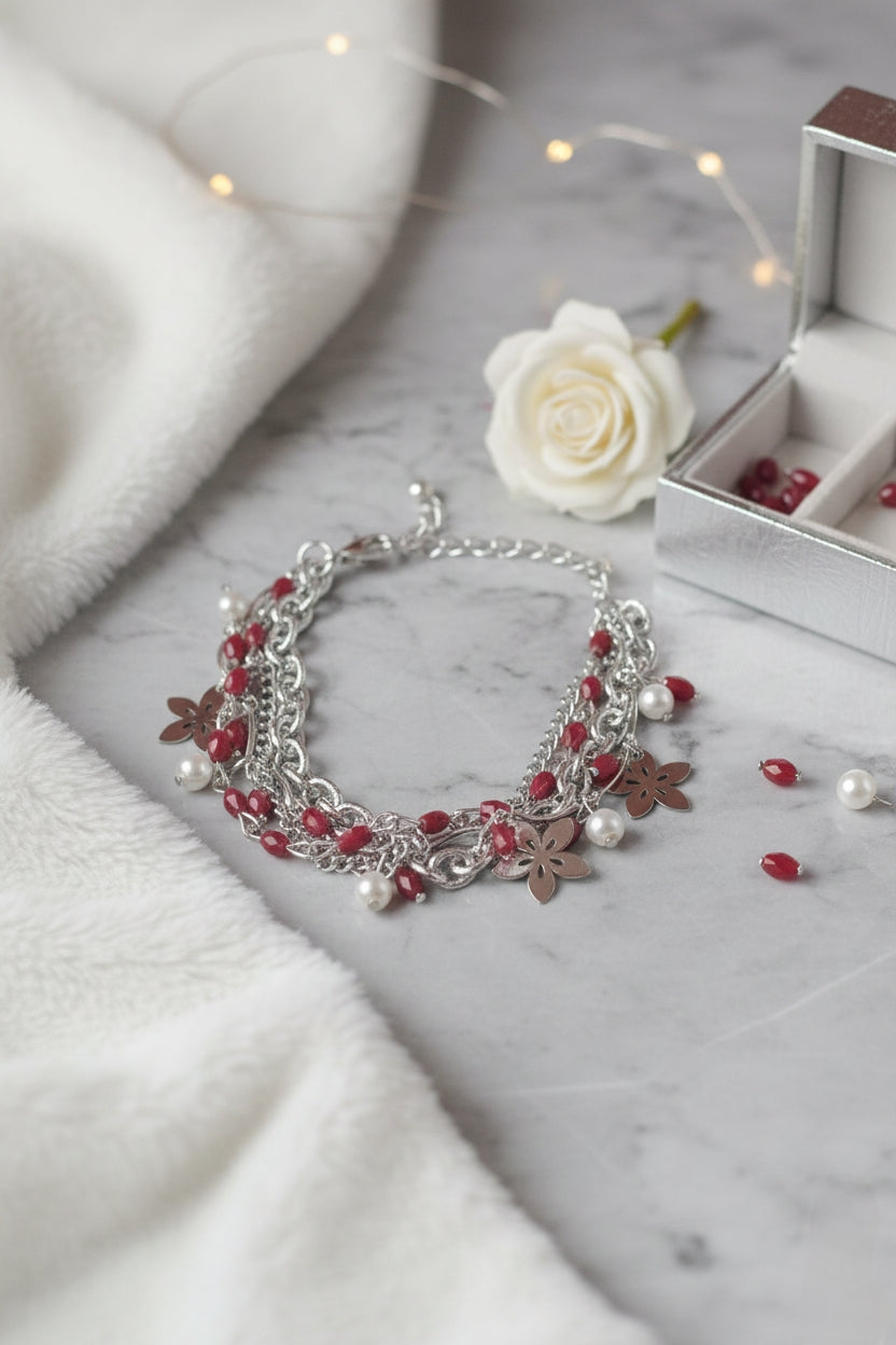 Layered  Bracelet with Red Beads & Pearls ❤️🤍