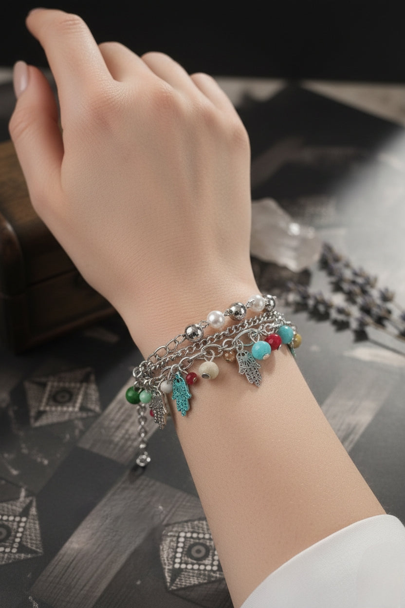 Layered Charm Bracelet with Hamsa & Colorful Beads 🖐️💖