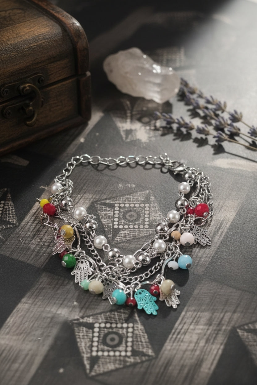 Layered Charm Bracelet with Hamsa & Colorful Beads 🖐️💖