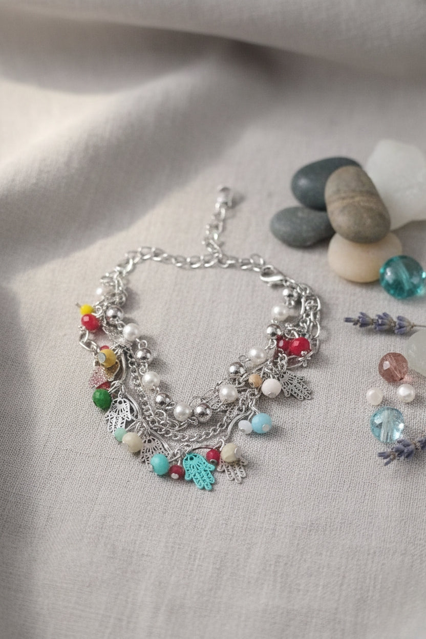 Layered Charm Bracelet with Hamsa & Colorful Beads 🖐️💖
