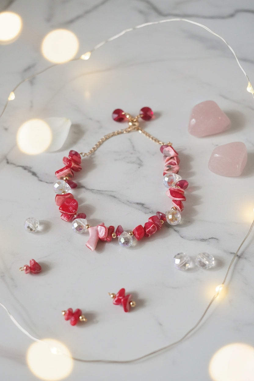 Red Chip Stone & Crystal Dangle Bracelet 💕✨