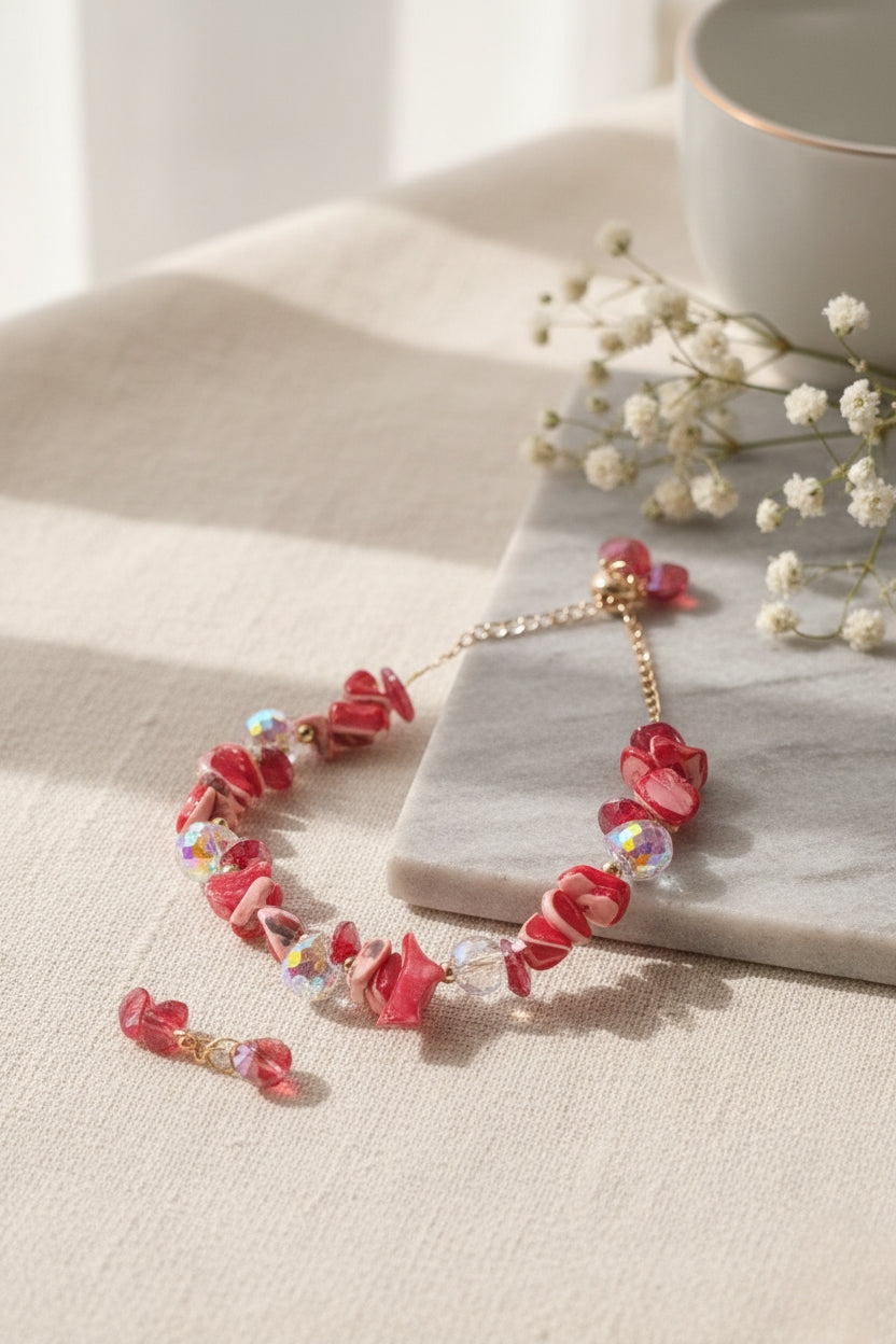 Red Chip Stone & Crystal Dangle Bracelet 💕✨