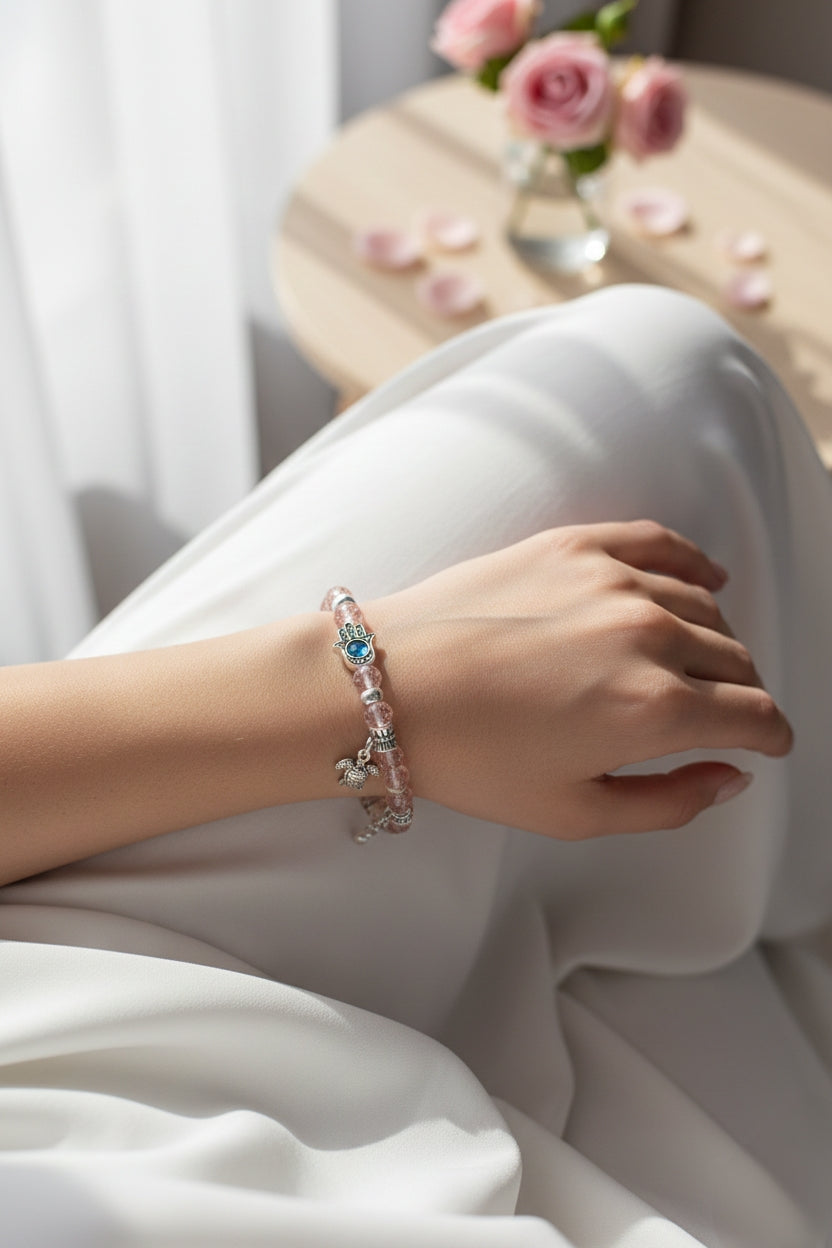 Pink Crystal & Hamsa Charm Bracelet 🌸🧿