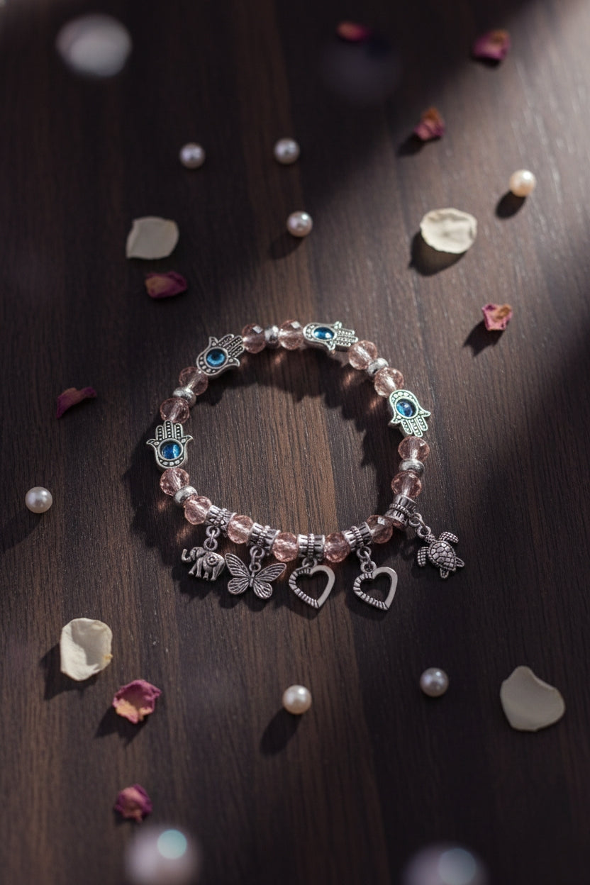 Pink Crystal & Hamsa Charm Bracelet 🌸🧿
