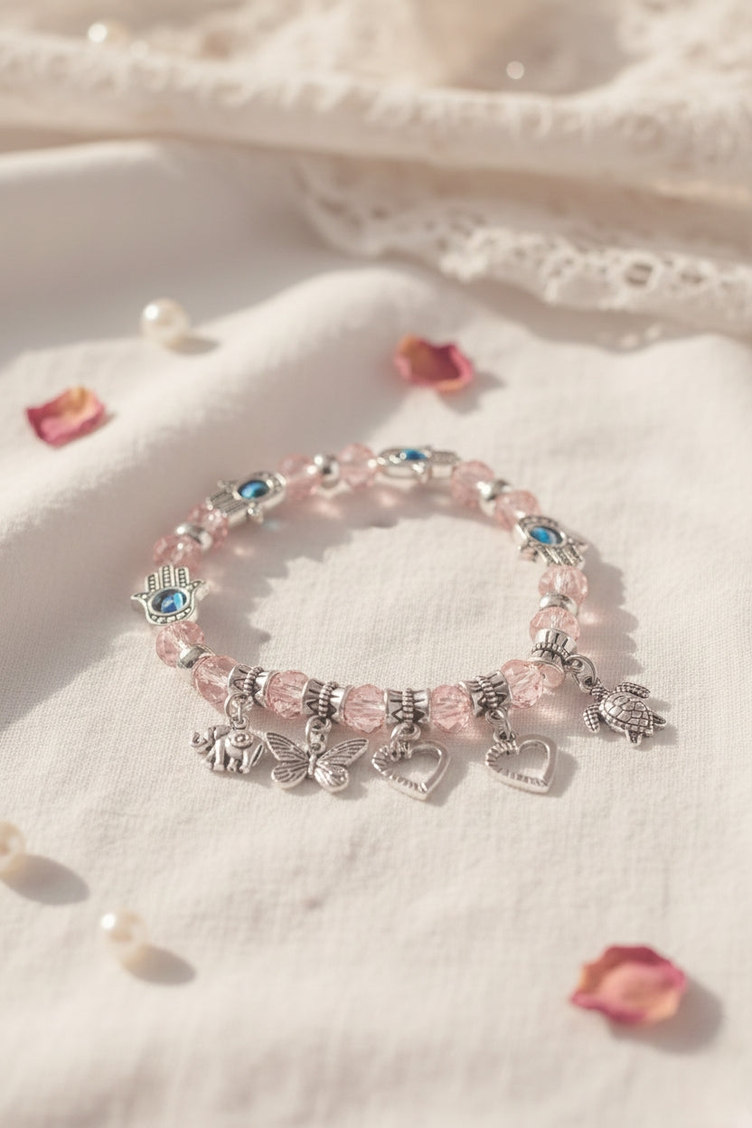 Pink Crystal & Hamsa Charm Bracelet 🌸🧿