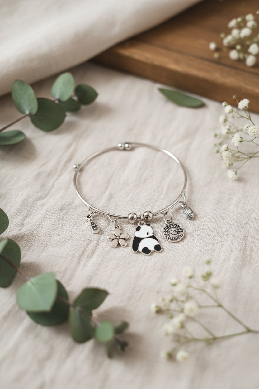 Cute Panda Silver Charm Bracelet 🐼✨