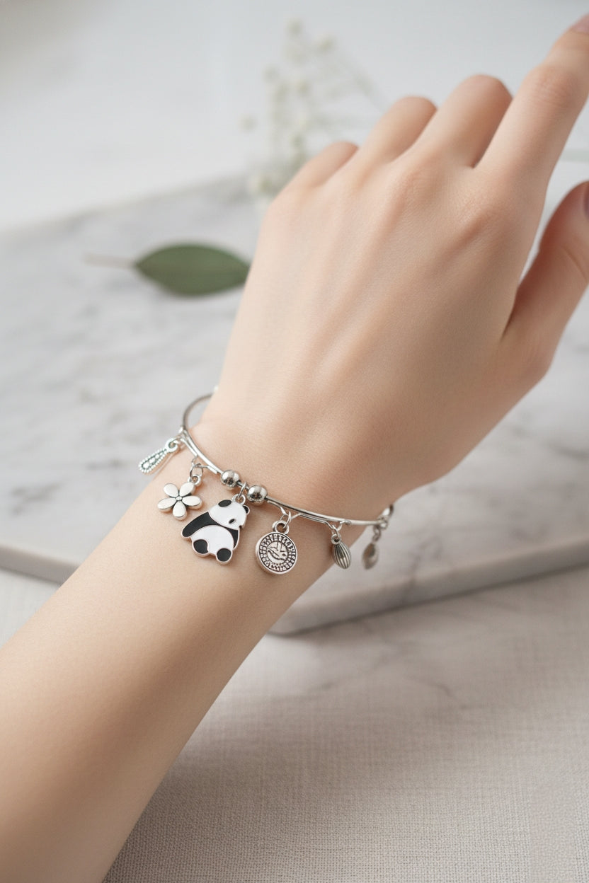 Cute Panda Silver Charm Bracelet 🐼✨