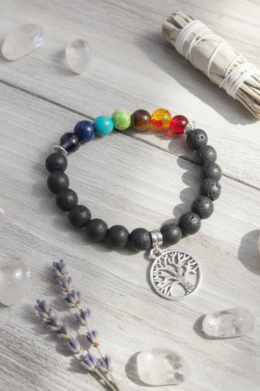 7 Chakra Healing & Lava Stone Diffuser Bracelet 🌳🌈